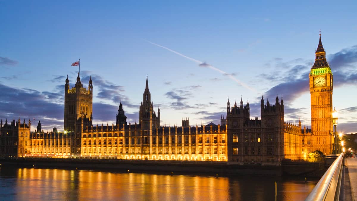 London, Great Britain. Big Ben and River Thames at dusk